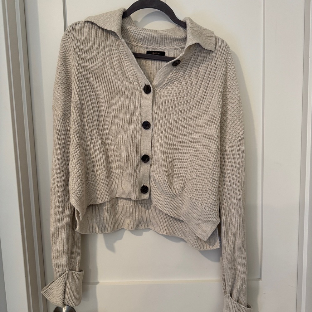 Quince Organic Cotton Fisherman Collared Cardigan Speckled Beige M